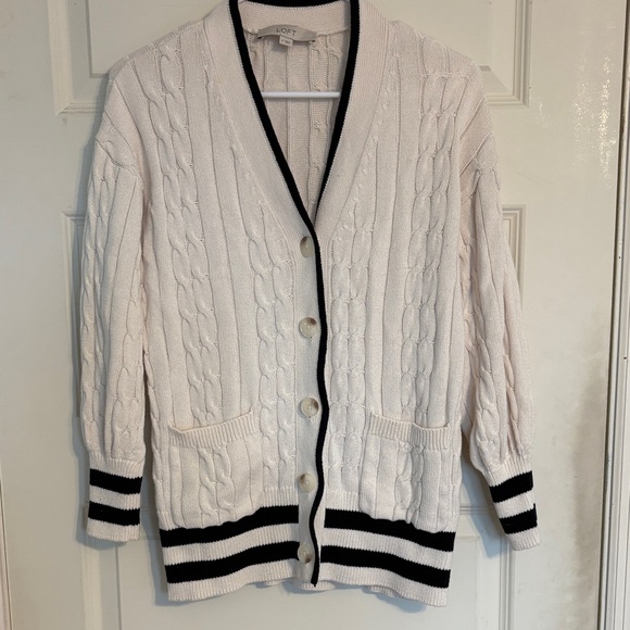 LOFT Sweaters - LOFT Cream Ribbed Knit Button Cardigan with Black Trim